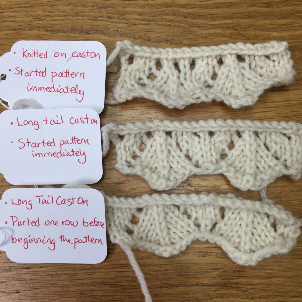 Alanna Nelson knits swatches for Mirai Crescent Shawl