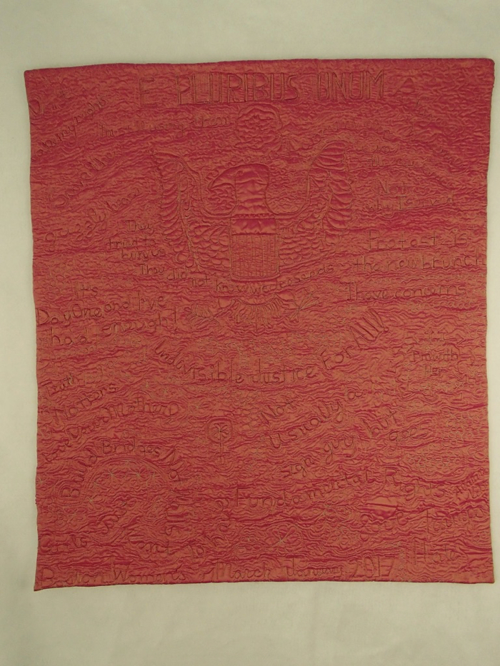 Alanna Nelson hot pink silk quilt in Unravel at Arlington Center for the Arts