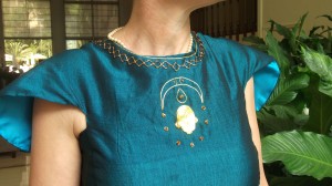 Goldwork and bead embroidery on silk dresses