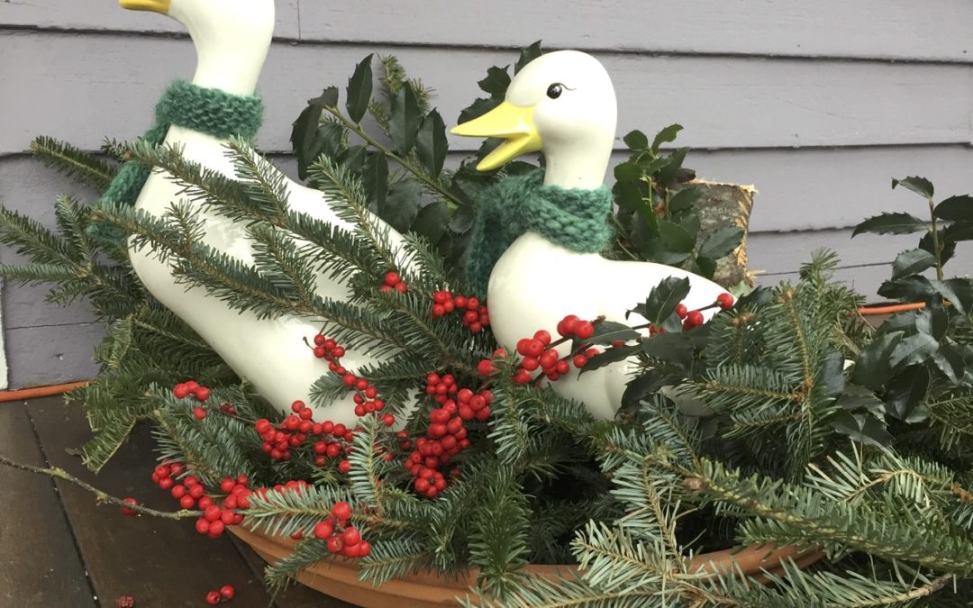 Holiday duck knitted scarves by Alanna Nelson