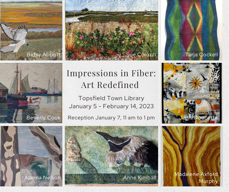 Facebook post for fiber art exhibit at Topsfield Library winter 2023